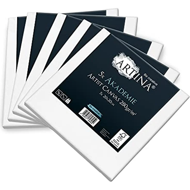Artina FSC® Keilrahmen 5er Set Akademie 20x20 cm – Leinwand Set Maltuch aus 100% Baumwolle Leinwände 280 g/m² - Keilrahmenset Leinwand zum Bemalen für Acryl-, Aquarell-, Ölfarbe uvm – Bild 2