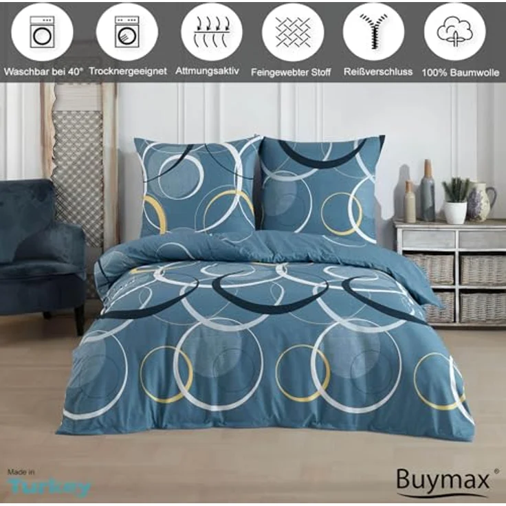 Buymax® Bettwäsche 155x220, 4-teiliges Set aus 100% Baumwolle mit Reißverschluss, ÖKO-TEX zertifiziert, 2 Kissenbezüge 80x80 cm, modern gemustert – Bild 2