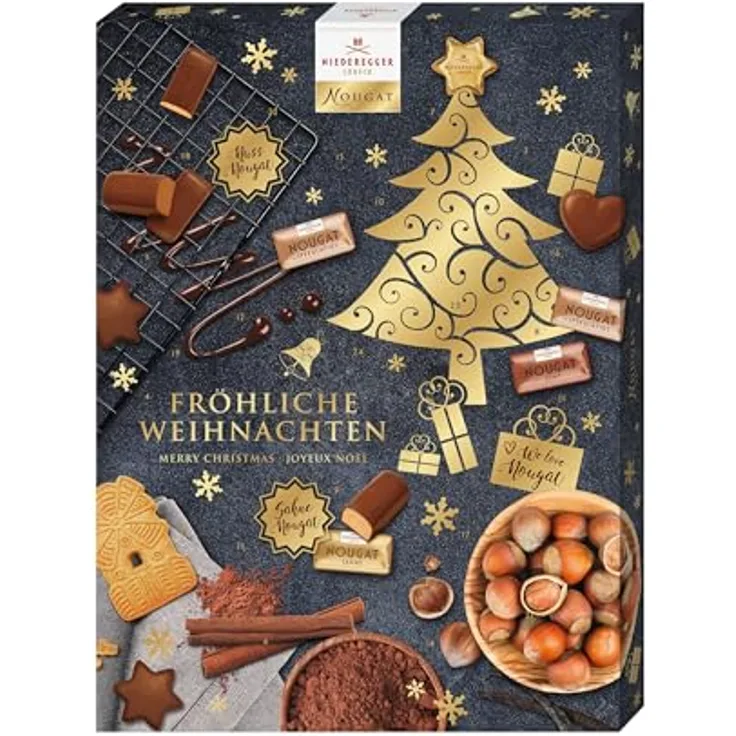 Niederegger Nougat Adventskalender, 500g mit 24 Türchen, Weihnachtsbaum-Motiv in Gold, gefüllt mit Nougatpralinen und Vollmilchschokolade