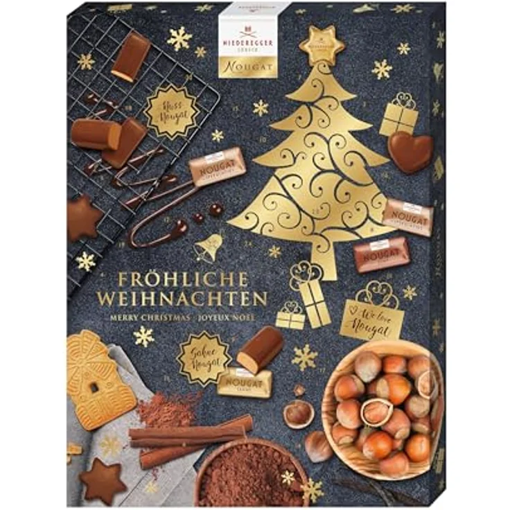 Niederegger Nougat Adventskalender, 500g mit 24 Türchen, Weihnachtsbaum-Motiv in Gold, gefüllt mit Nougatpralinen und Vollmilchschokolade – Bild 1