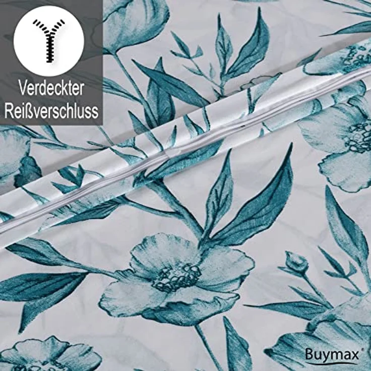Buymax Bettwäsche 135x200 Baumwolle 2-Teilig Bettgarnitur mit Bettbezug und Kissenbezug 80x80 Renforce Bettwäsche-Set Botanisch Geblümt Blumen-Muster Blätter, Petrol Grün – Bild 4