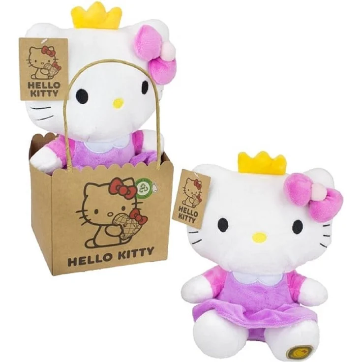 SANRIO Hello Kitty Plüschfigur 27 cm im lila Kleid mit Krone, ideal für Kinder und Sammler