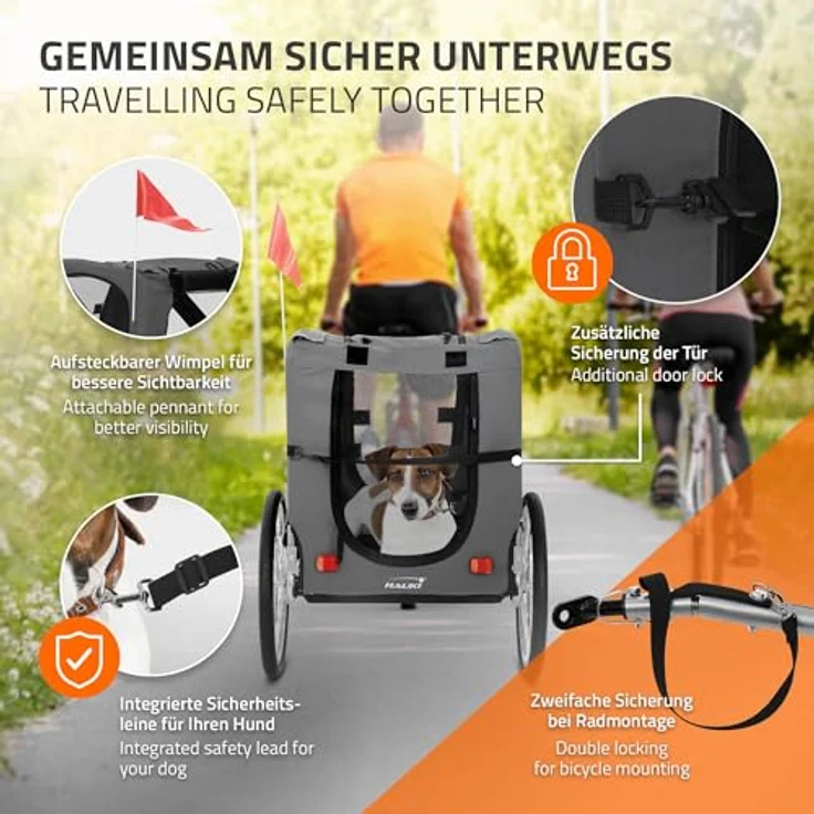 Hauki Fahrradhundeanhänger Fahrradanhänger & Hundebuggy 2in1 klappbar, Hundewagen Grau mit Reflektoren Leine und Flagge bis 40 kg – Bild 6