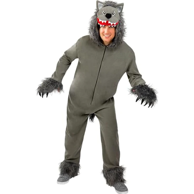 Funidelia Wolf Kostüm grau für Herren und Damen, Overall mit Kopfteil für Karneval und Halloween, Größe M-L, Grau/Silber, 100% Polyester – Bild 1