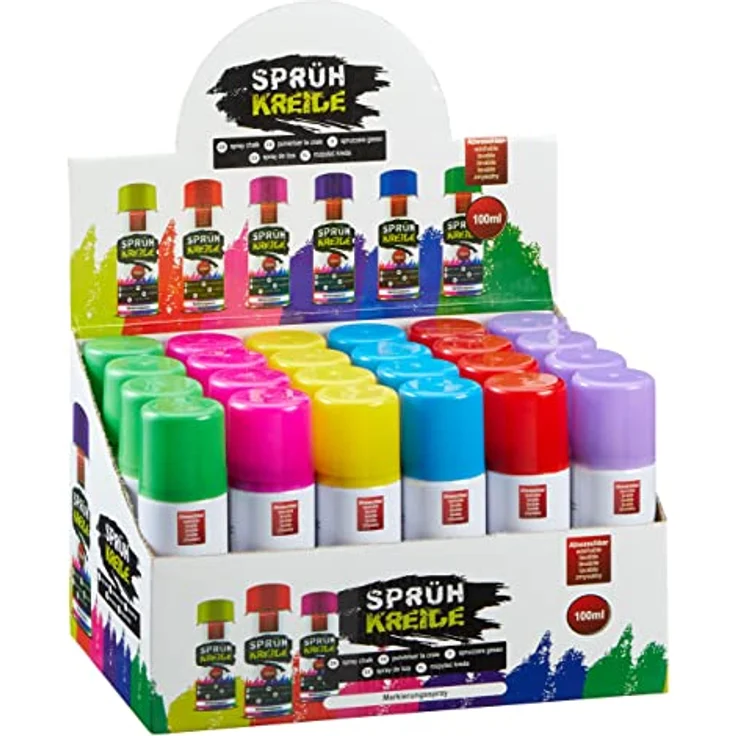 Sprühkreide wasserlöslich 100 ml Dose - 24er Set - Kreidespray in 6 verschiedenen bunten Farben - Flüssigkreide Markierungsspray abwaschbar Straßen Kreide Marker rot gelb grün pink lila blau – Bild 1