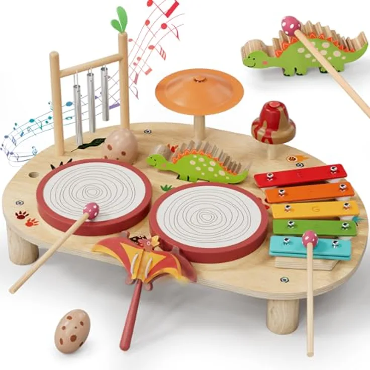 Lehoo Castle Holz Montessori Musikinstrumente Set, 8-teiliges Kinder Schlagzeugset mit Xylophon, Trommel, Windspiel und mehr, ab 3 Jahre