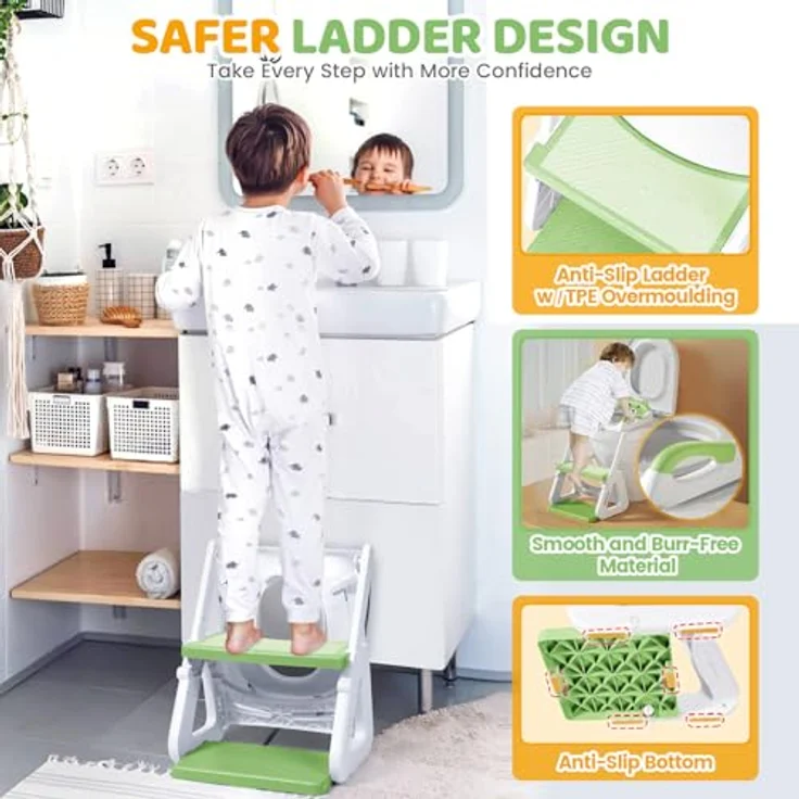 Orzbow Toilettensitz Kinder mit Treppe, Stabil mit Dreiecksstruktur, Verlängerter Pedal- und Spritzschutz, Wasserdichtem PVC-Polster, Rutschfest und Faltbar, Grün – Bild 5