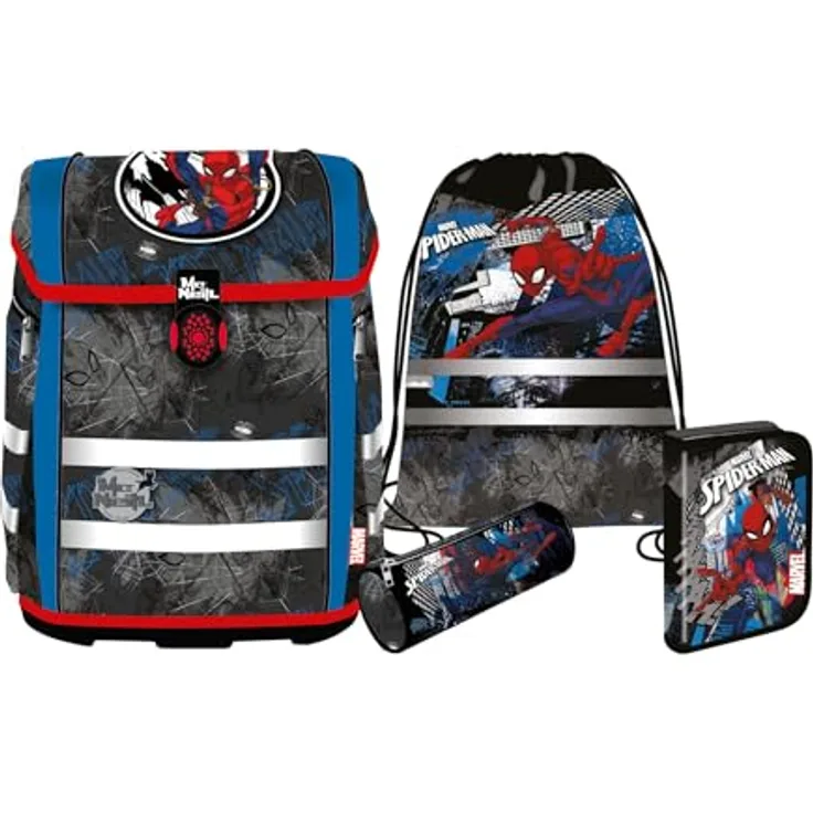 McNeill PERFECTO Schulranzenset, 5-teilig, Kollektion 2024, SPIDER-MAN, großes Hauptfach, verstellbare Tragegurte, Maße: 25 x 36 x 16 cm