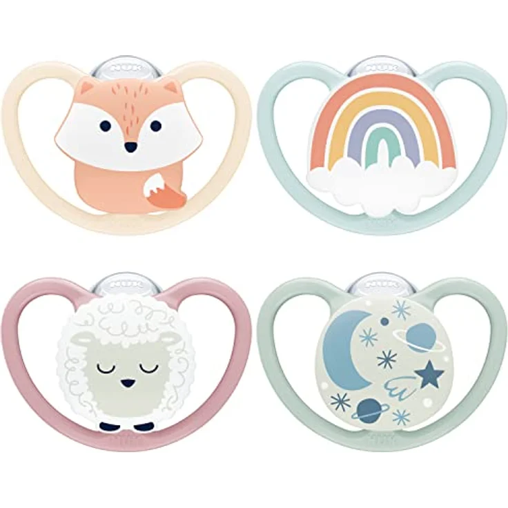 NUK Space Day & Night Babyschnuller | 0-6 Monate | Im Dunkeln leuchtende Schnuller mit zusätzlichen Öffnungen für sensible Haut | BPA-freies Silikon | Fuchs & Schaf | 4 Stück – Bild 1