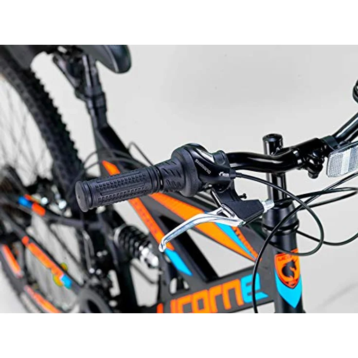 Licorne Bike Strong V Premium Mountainbike in 24 Zoll - Fahrrad für Jungen, Mädchen, Damen und Herren - 21 Gang-Schaltung - Vollfederung - Schwarz/Blau/Orange – Bild 5