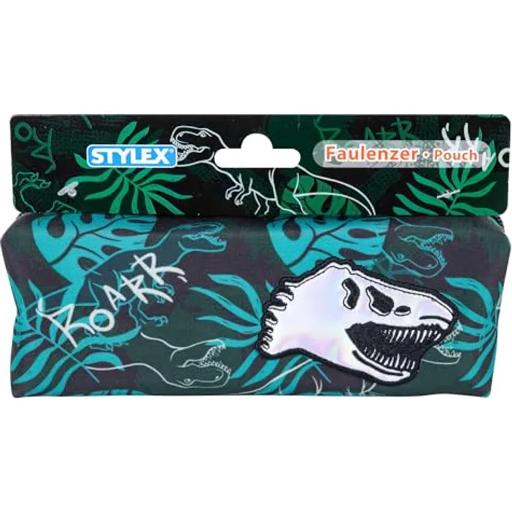 Stylex 47093 - Faulenzer-Mäppchen mit Dino-Design, 3D Applikation und Reißverschlussanhänger, ca. 20 x 7 x 7 cm, Schwarz/Grün/Silber