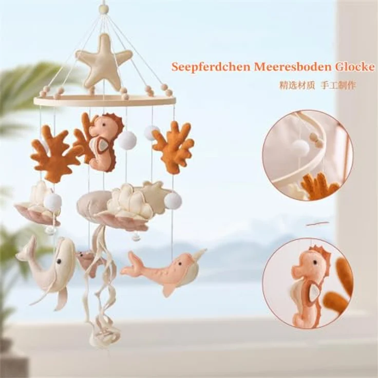 Herfair Baby Windspiel Mobile mit filzgefertigten Walen, Muscheln, Korallen und Seepferdchen, rosa, handgemacht, für Neugeborene Jungen und Mädchen – Bild 3