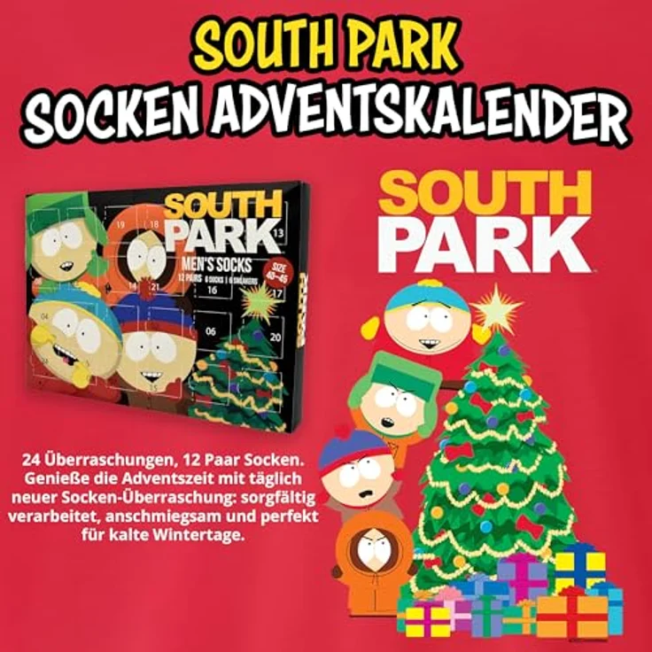 United Labels South Park Adventskalender, 12 Paar Socken für Herren, Größe 40-45, Sneaker und lange Socken mit kultigen Motiven – Bild 2