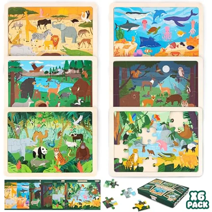 BONNYCO Holzpuzzle Kinder Set, 6 Puzzles mit 24 Teilen, Tiere diverser Ökosysteme, Lernspielzeug für 3-8 Jahre, pädagogisches Geschenk