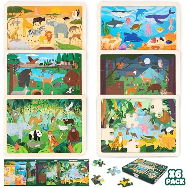 BONNYCO Holzpuzzle Kinder Set, 6 Puzzles mit 24 Teilen, Tiere diverser Ökosysteme, Lernspielzeug für 3-8 Jahre, pädagogisches Geschenk – Bild 1