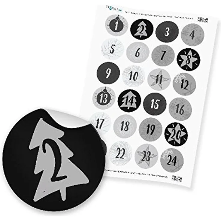 itenga Zahlensticker Z18 Adventskalenderzahlen 1-24 Klassisch / Grau Schwarz, Selbstklebende Aufkleber mit 4cm Durchmesser