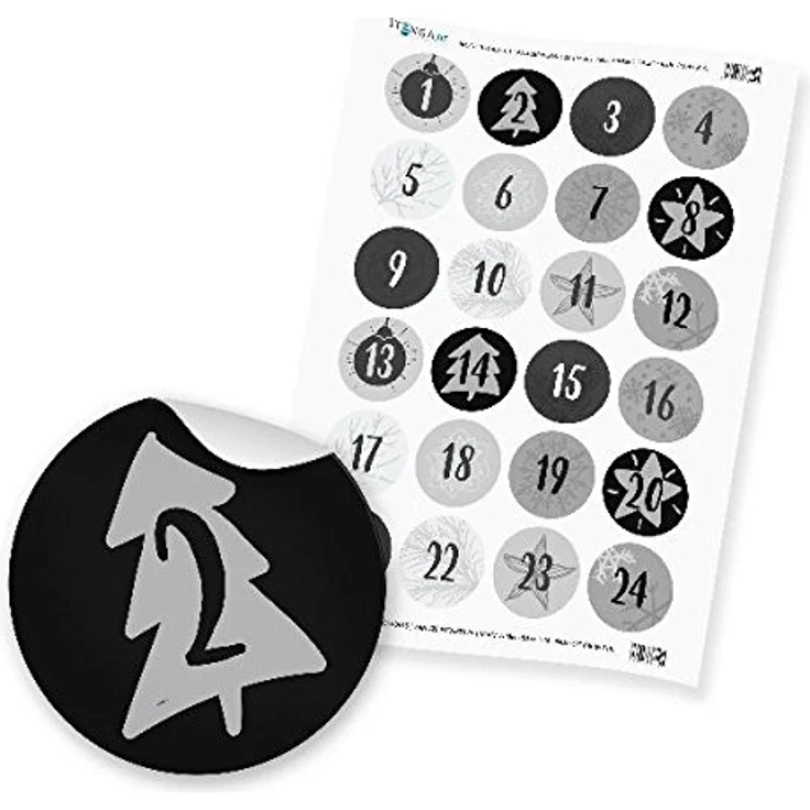 itenga Zahlensticker Z18 Adventskalenderzahlen 1-24 Klassisch / Grau Schwarz, Selbstklebende Aufkleber mit 4cm Durchmesser – Bild 1