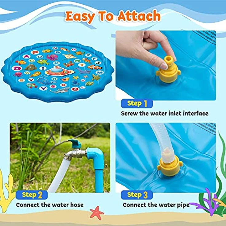 Paochocky Sprinkler Wasserspielmatte, 170 cm große runde Aufblasbare Splash Spielmatte aus hochwertigem PVC für Outdoor Sommerspaß mit bunten Meeresgrafiken für Kinder und Haustiere – Bild 4