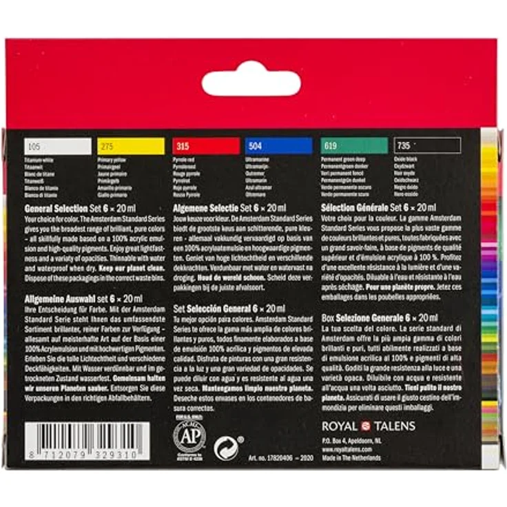 Amsterdam Standard Series Acrylfarben Set, 6 x 20 ml Tuben mit Titanweiß, Primärgelb, Pyrrolrot, Ultramarin, Permanentgrün dunkel, Oxidschwarz, lichtbeständige Farben mit seidenmattem Finish – Bild 2