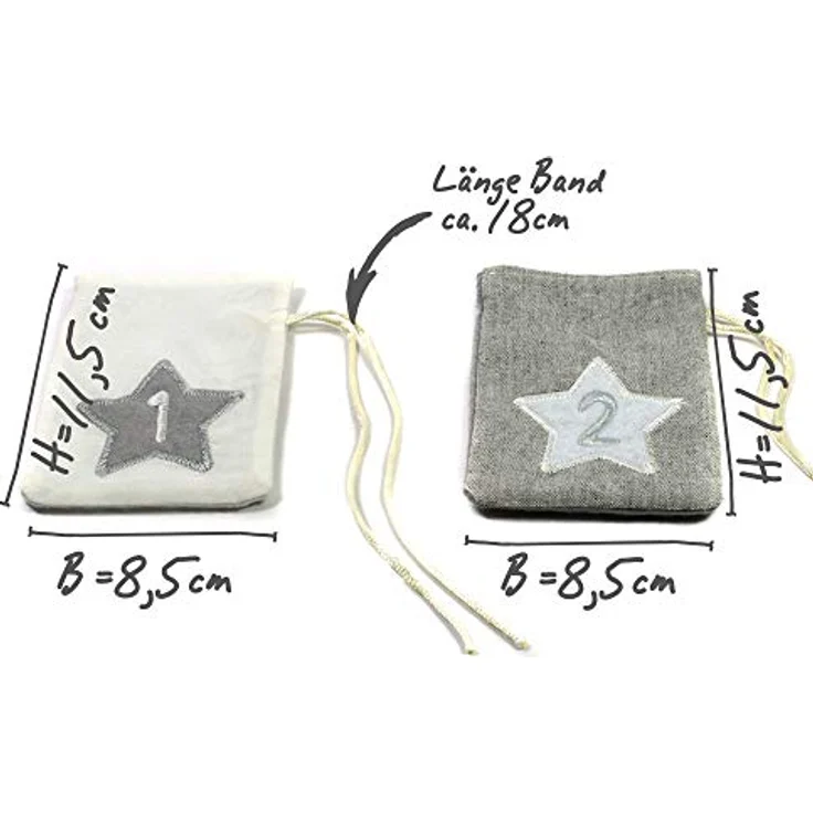 Frau WUNDERVoll® Adventskalender zum Befüllen - Stoff, grau weiß/Weihnachtskalender Zahlen Beutel Sack Säcke Säckchen Stoffbeutel Baumwolle Baumwollsäckchen Geschenkbeutel Stoffsack Stoffsäckchen - Wiederverwendbarer Stoff-Adventskalender mit aufgestickten Sternen und Zahlen, ideal für Kleinigkeiten – Bild 2