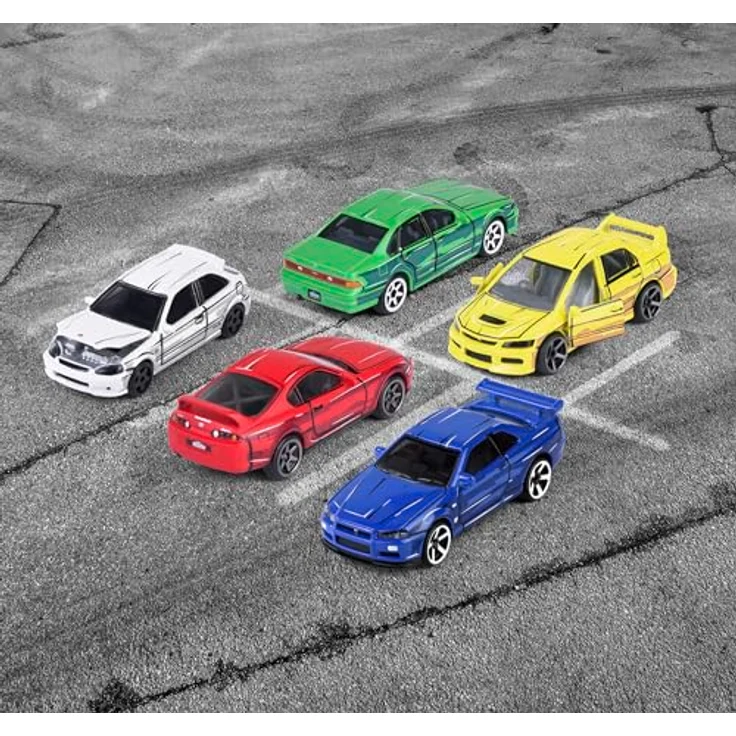 Majorette Japan Series - Auto-Set mit 5 Spielzeugautos aus Metall im Anime-Stil, je 7,5 cm, inklusive Honda Civic TYPE R (weiß), Nissan Cefiro (grün), Nissan Skyline GT-R (blau), Toyota Supra (rot), Mitsubishi Lancer (gelb), mit Freilauf, Federung & öffnendem Teil, für Sammler und Kinder ab 3 Jahre – Bild 5