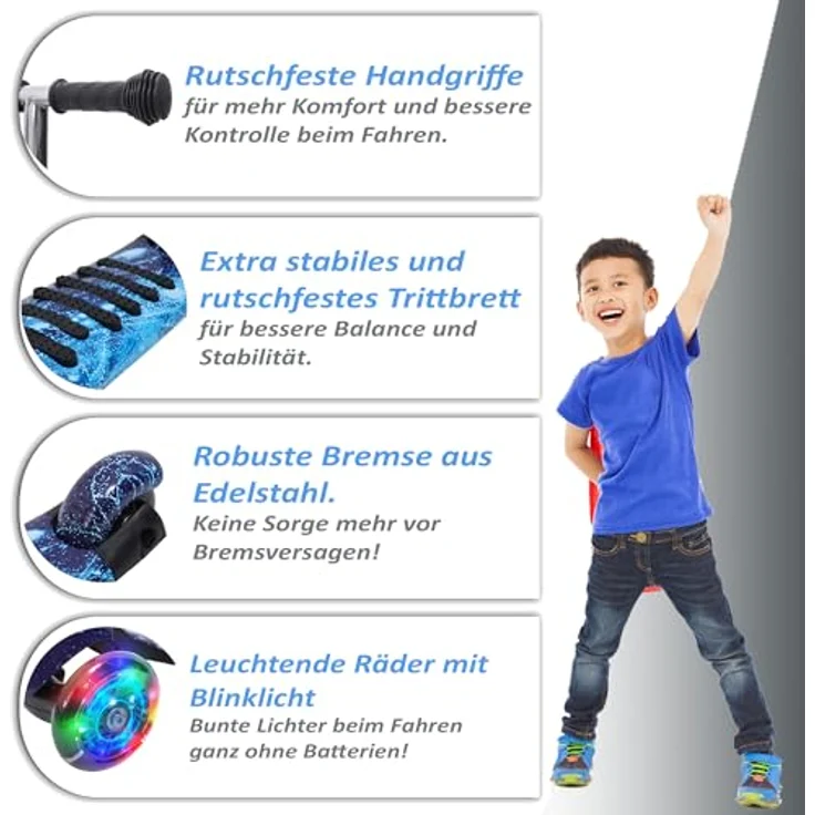 Habib Gruppe Kinderroller 3-Räder, Kinderscooter für Jungen & Mädchen 3-8 Jahre, Höhenverstellbar, rutschfest, mit LED-Rädern, Max. 50 KG – Bild 4