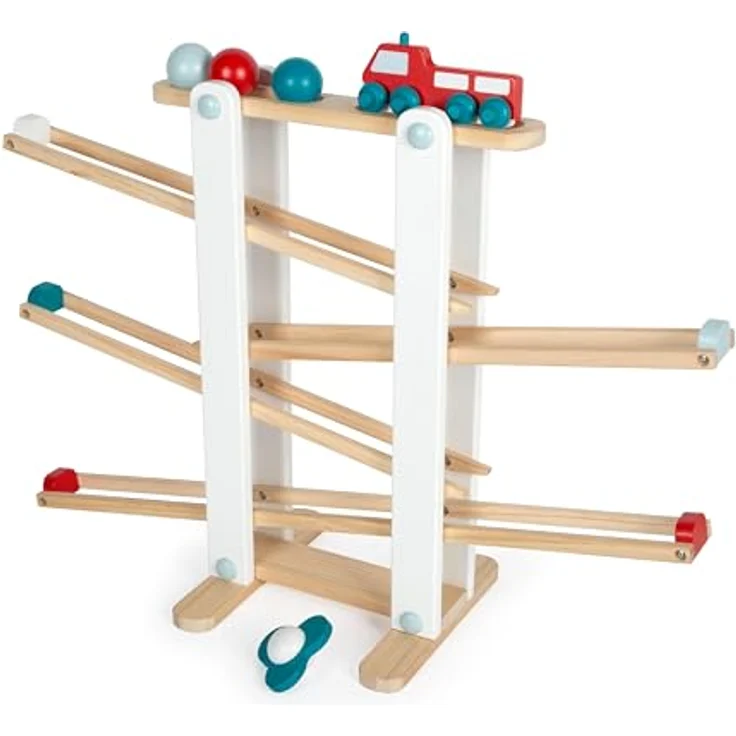 Small Foot Kugelbahn aus Holz XL Motorikspielzeug mit 3 Kugeln und Feuerwehrfahrzeug, naturfarben – Bild 3