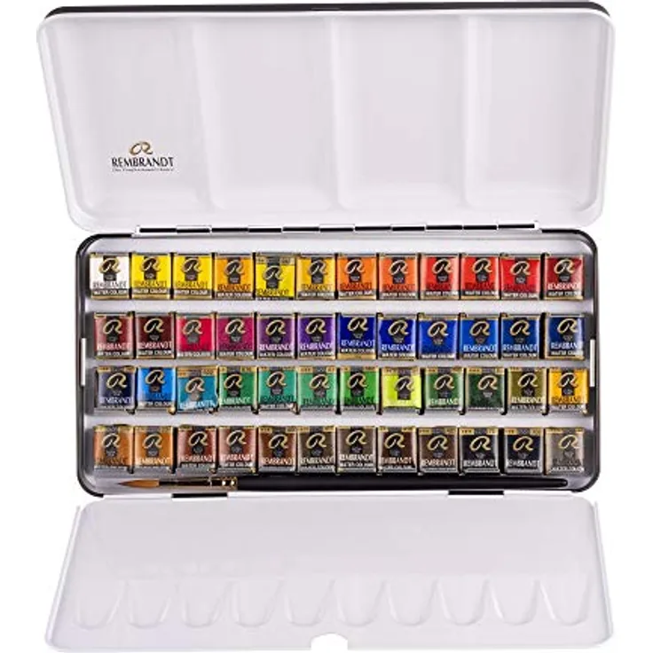 Rembrandt Watercolour Box 48 Pans & Sable Brush, professionelles Aquarellset im Metallkoffer, allgemeine Farbauswahl
