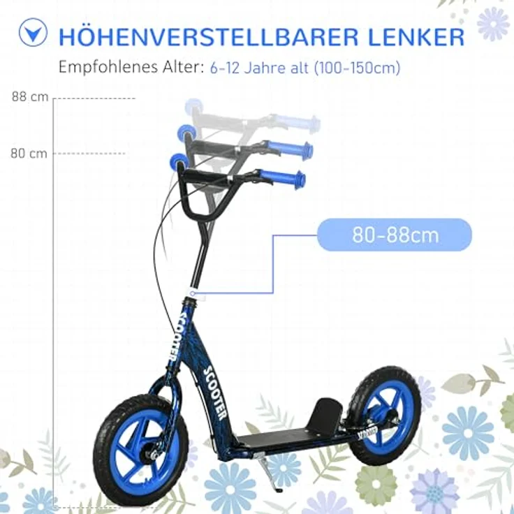 AIYAPLAY Kinderroller Scooter Tretroller mit verstellbarem Lenker, großen Rädern, Handbremse, 11,8 Zoll Cityroller für 6-12 Jahre, Stahl Blau – Bild 3