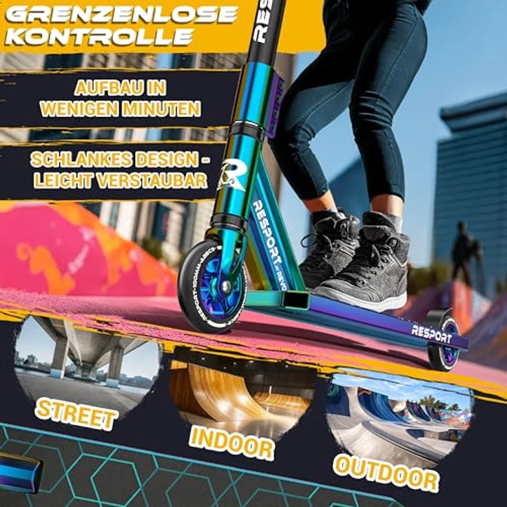 RE:SPORT REVO Stunt Scooter, Profi Stuntroller mit 100mm PU-Rollen, ABEC 9 Kugellager, für Kinder & Erwachsene, mit Ständer, Y-Bar, rutschfestem Pro-Deck, ergonomischen Griffen – Bild 4