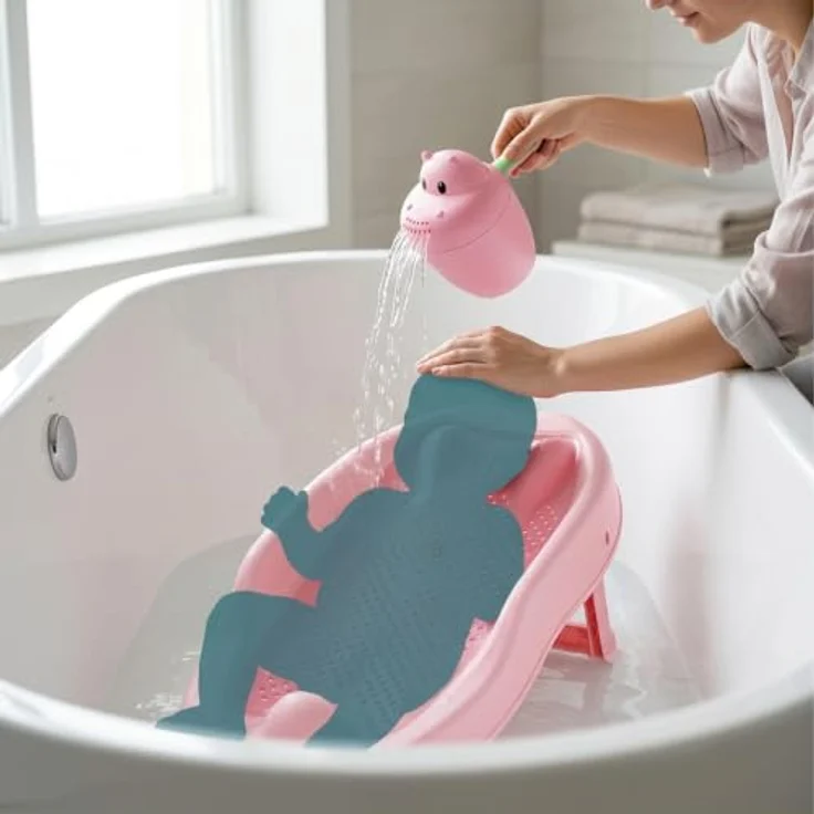 Relaxdays Baby-Badehilfe Set, tränenfreies Haarewaschen mit rutschfester Badestütze, rosa – Bild 3