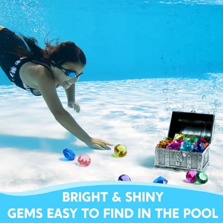 Sloosh Sloosh Tauchjuwel Pool Spielzeug, 19 bunte Diamanten mit Piraten Schatzkiste, Acryl Tauchspielzeug für Kinder, Unterwasser Edelstein in Grau – Bild 2