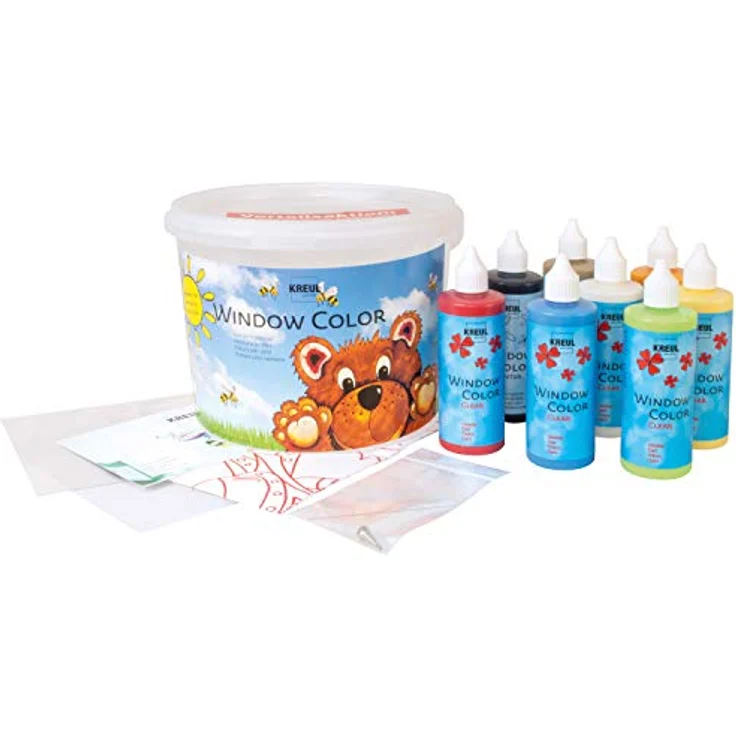 KREUL 40151 - Window Color Power Pack Bär, für kleine und große Kreative, 7 x 125 ml Fensterfarben, 125 ml Konturenfarbe schwarz, 2 verschiedene Folie, Feindüse und Motivvorlagen – Bild 2