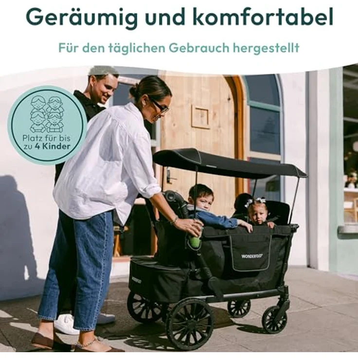 Wonderfold L4 Quad-Kinderwagen, kompakter Bollerwagen für 4 Kinder mit seitlicher Tür, flexiblen Sitzbänken, 360°-Rädern und Klappmechanismus, schwarz – Bild 6