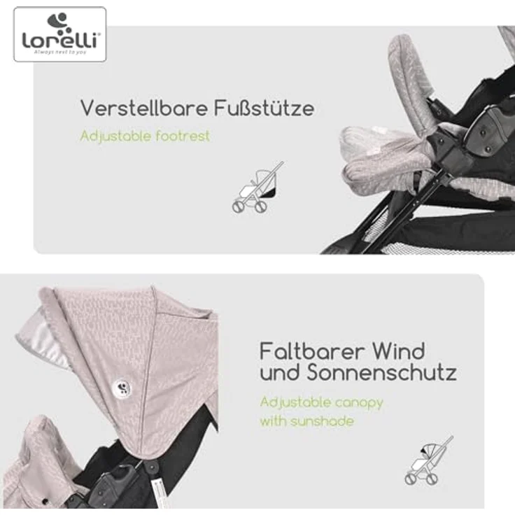 Lorelli Kinderwagen Martina, Leichter Reisebuggy, kompakter Sportsitz bis 15kg, Gummireifen, inkl. Fußsack, bunt – Bild 4