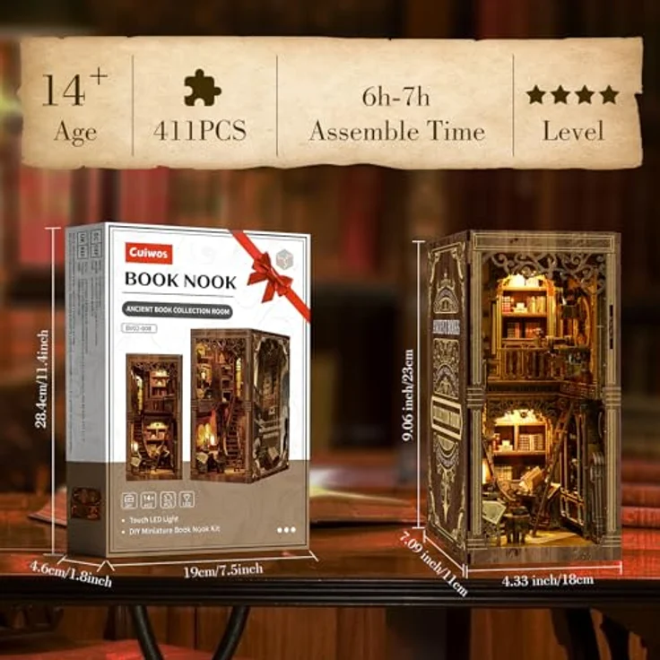 Cuiwos Book Nook Bausatz (Klassische Edition) – DIY Miniatur-Holzpuzzle mit LED-Beleuchtung, Vintage Bücherzimmer als 3D-Puppenhaus-Buchstütze für kreative Dekoration – Bild 2