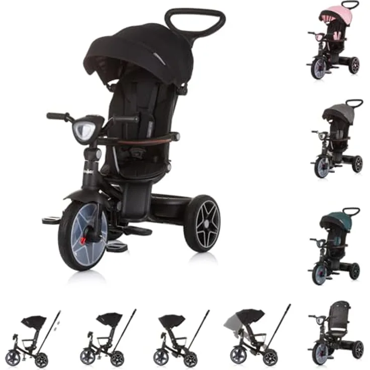 Chipolino Dreirad Tricycle Derby 2 in 1 mit Musik, Licht, Korb, Schiebegriff, Gurt in Schwarz