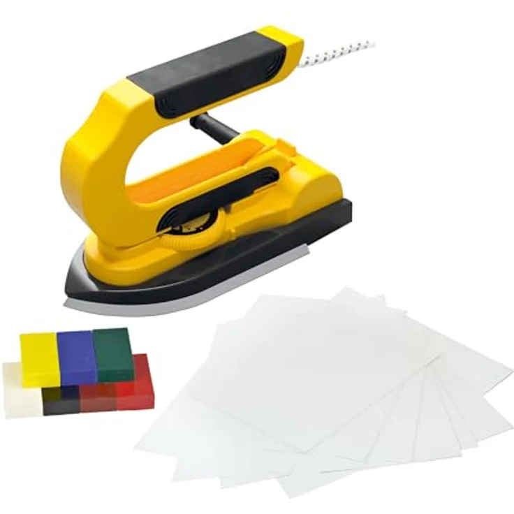 Pebaro 0274 Encaustic Maleisen Set, Bügeleisen zum Wachsmalen mit 7 Wachsmalblöcken, 10 weißen Karten (5 A5, 5 DIN A6), gelb, 200W, 22 x 6 x 16 cm – Bild 1