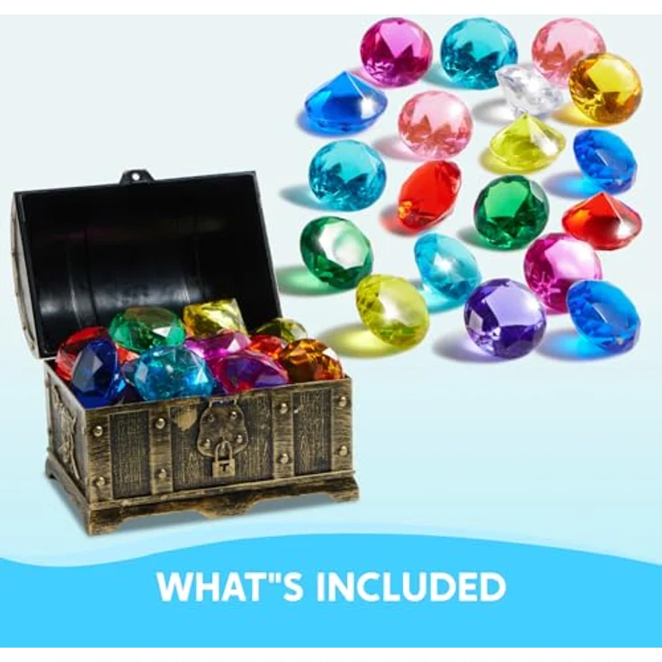 Sloosh Tauch-Edelsteine, Pool-Spielzeug mit 16 großen bunten Diamanten und Piraten-Schatztruhe, Schwimmtraining, Geschenk, Wasserpool-Spiele (Gold) – Bild 4