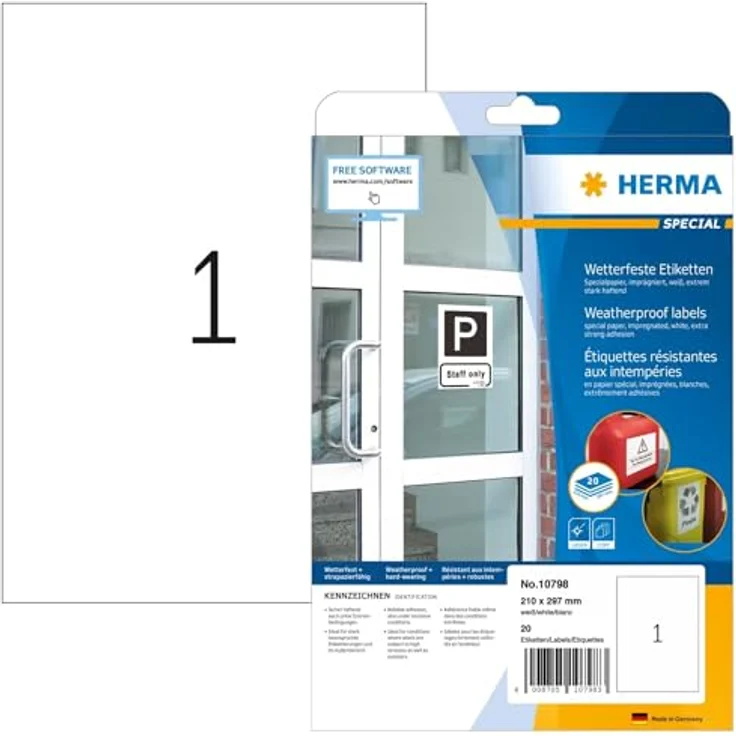 HERMA 10798 Wetterfeste Etiketten imprägniert, 20 Stück, selbstklebend, bedruckbar, matt, weiß – Bild 1