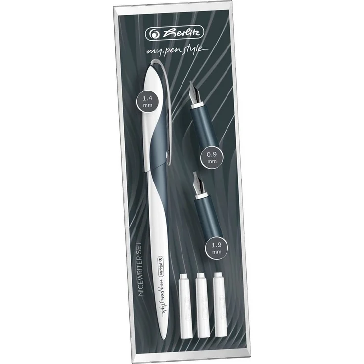 Herlitz Füllfederhalter herlitz Kalligraphie-Set my.pen Nicewriter "Dark Shale" 8-teiliges Kalligraphie Set, ergonomische Griffzone, inkl. 3 Griffstücken, 4 Patronen, Federstärke: 0,9mm, 1,4mm und 1,9mm