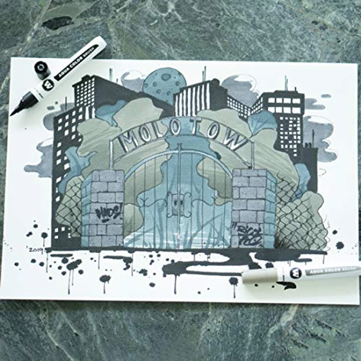 Molotow Aqua Color Brush (Brush Pen Marker Grey-Set, Pinsel Spitze für Aquarellieren und Handlettering) 12 Stück sortiert – Bild 4