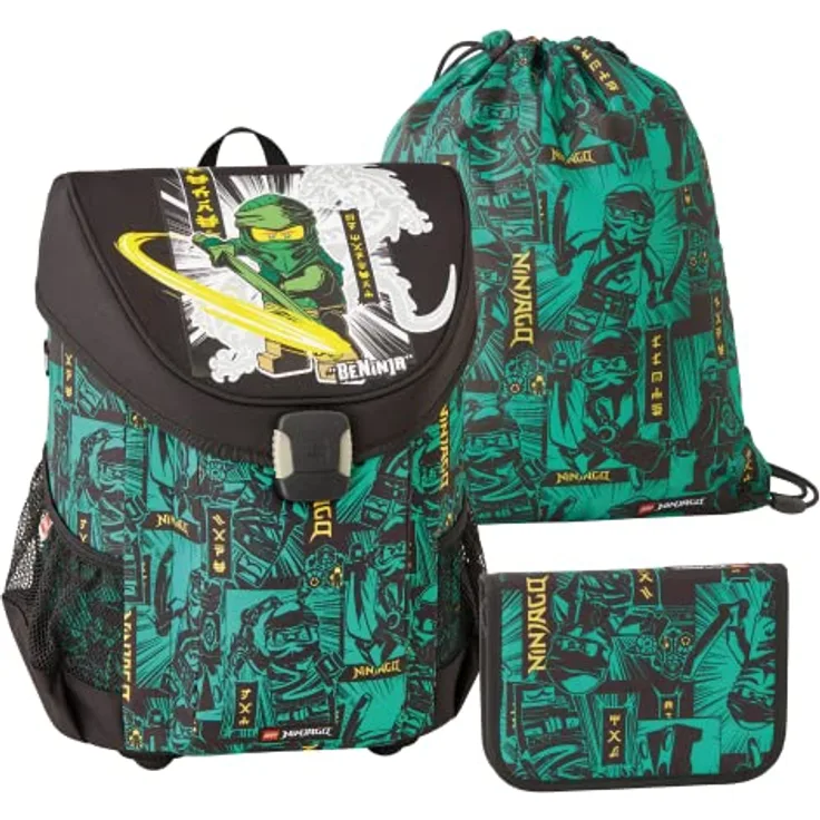 SKANDO BAGS Lego® - Jungen Easy Schulranzenset 3tlg. - NINJAGO®, Green 2023 - Mit Turnbeutel, Federmäppchen (inkl. Aller nötigen Schreibutensilien) - Leichtgewicht und hoher Komfort