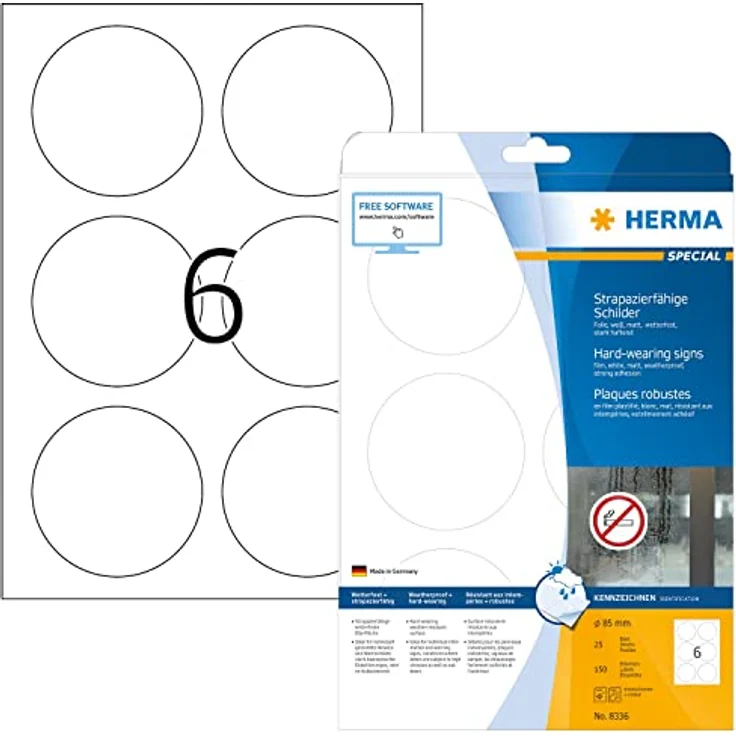 HERMA 150 wetterfeste Folienetiketten 8336, selbstklebend, weiß, 85,0 x 85,0 mm, wasserabweisend, reißfest, für Außenanwendungen – Bild 1