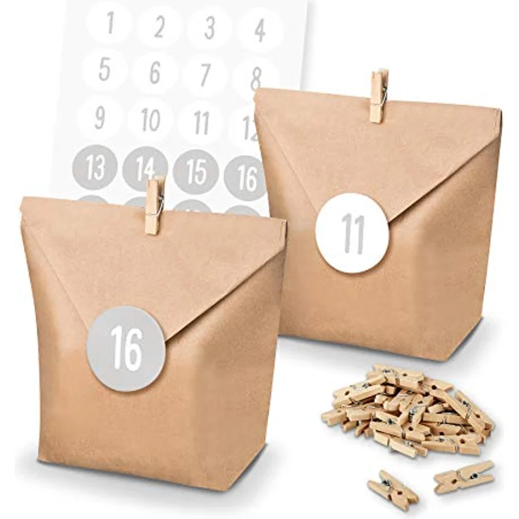 itenga Adventskalender Bastel-Set I 24 Geschenktüten aus Papier I Deko Holzklammern I Aufkleber mit den Zahlen 1 bis 24 in Hellgrau Weiß – Bild 1