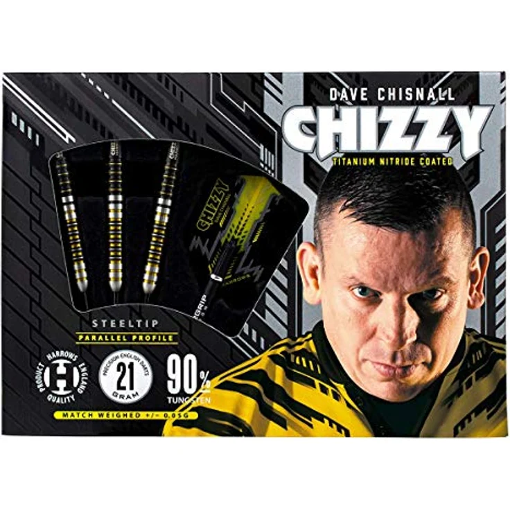 Harrows Dave Chizzy Chisnall 90% Tungsten Darts, Pro Player Steel Tip Darts-Set mit Supergrip-Carbonschäften und 100-Mikron-Chizzy-Flights, Gewichte: 21g bis 26g, elegantes Design – Bild 5