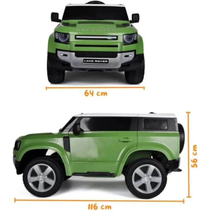 Land Rover Defender 90 Kinder Elektroauto 12V mit Fernbedienung, für 1 bis 6 Jahre, Grün, Scheinwerfer, MP3-Player, Sicherheitsgurte, 2 Motoren – Bild 3