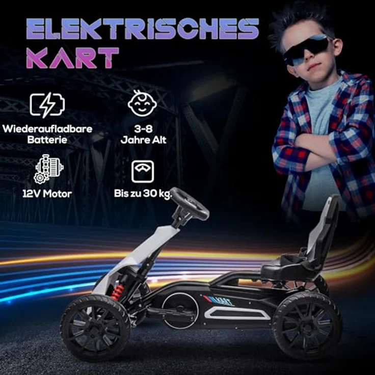 HOMCOM Elektro Gokart 12 V für Kinder, verstellbare Geschwindigkeiten 3-5 km/h, Sicherheitsgurt, für 3-8 Jahre, Weiß – Bild 3