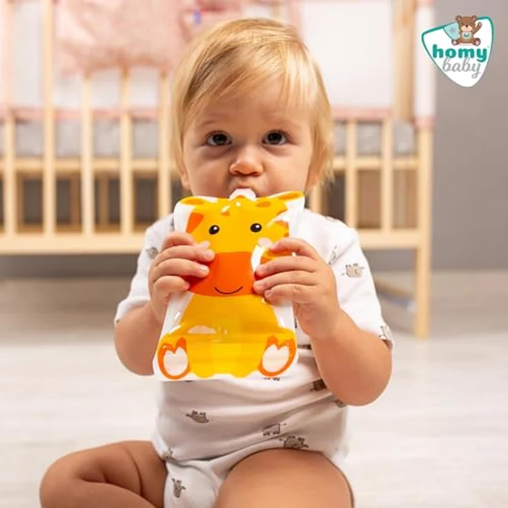 HOMYBABY® Wiederverwendbare Quetschbeutel für Babynahrung, 4 Stück mit lustigen Tiermotiven, 148 ml, BPA-frei, inklusive kostenloses E-Book mit Brei-Rezepten, ab 6 Monaten – Bild 2