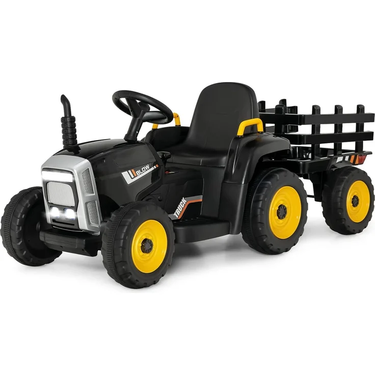 Dreamade Traktor mit Abnehmbarem Anhänger, Elektrotraktor mit LED-Licht & Musik & Fernbedienung, max. 30 kg Tragfähigkeit, Aufsitztraktor für Kinder ab 3 Jahren (Schwarz)